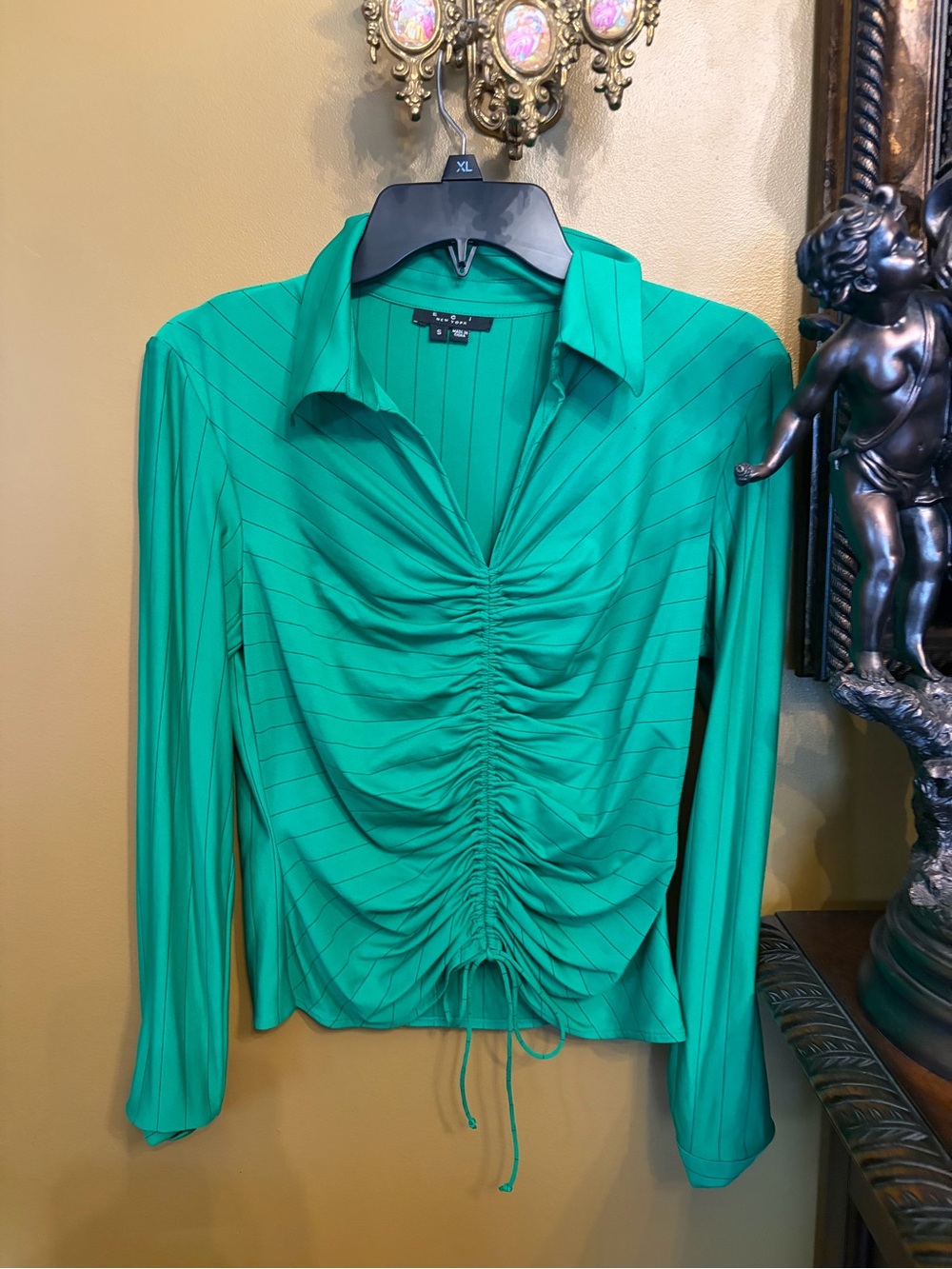 ECI Green Ruched Long-Sleeve Collared Top